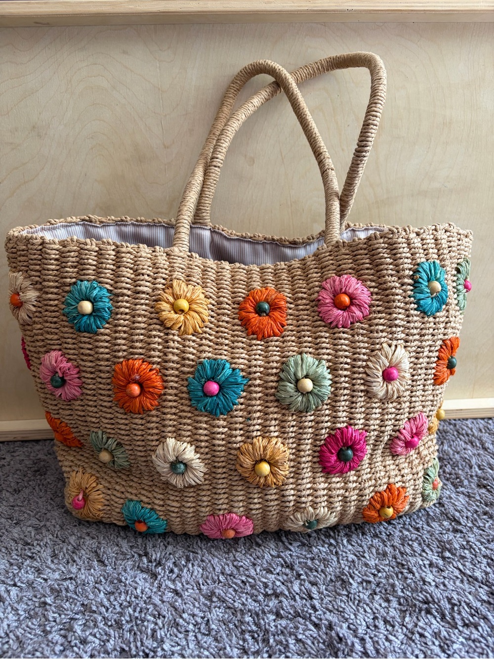 Anthropologie Natural Floral Straw Tote with Multicolor Floral Embellishments